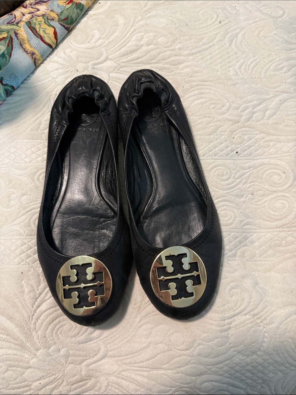 Tory Burch Black Leather Logo Ballet Flats with Gold Medallions